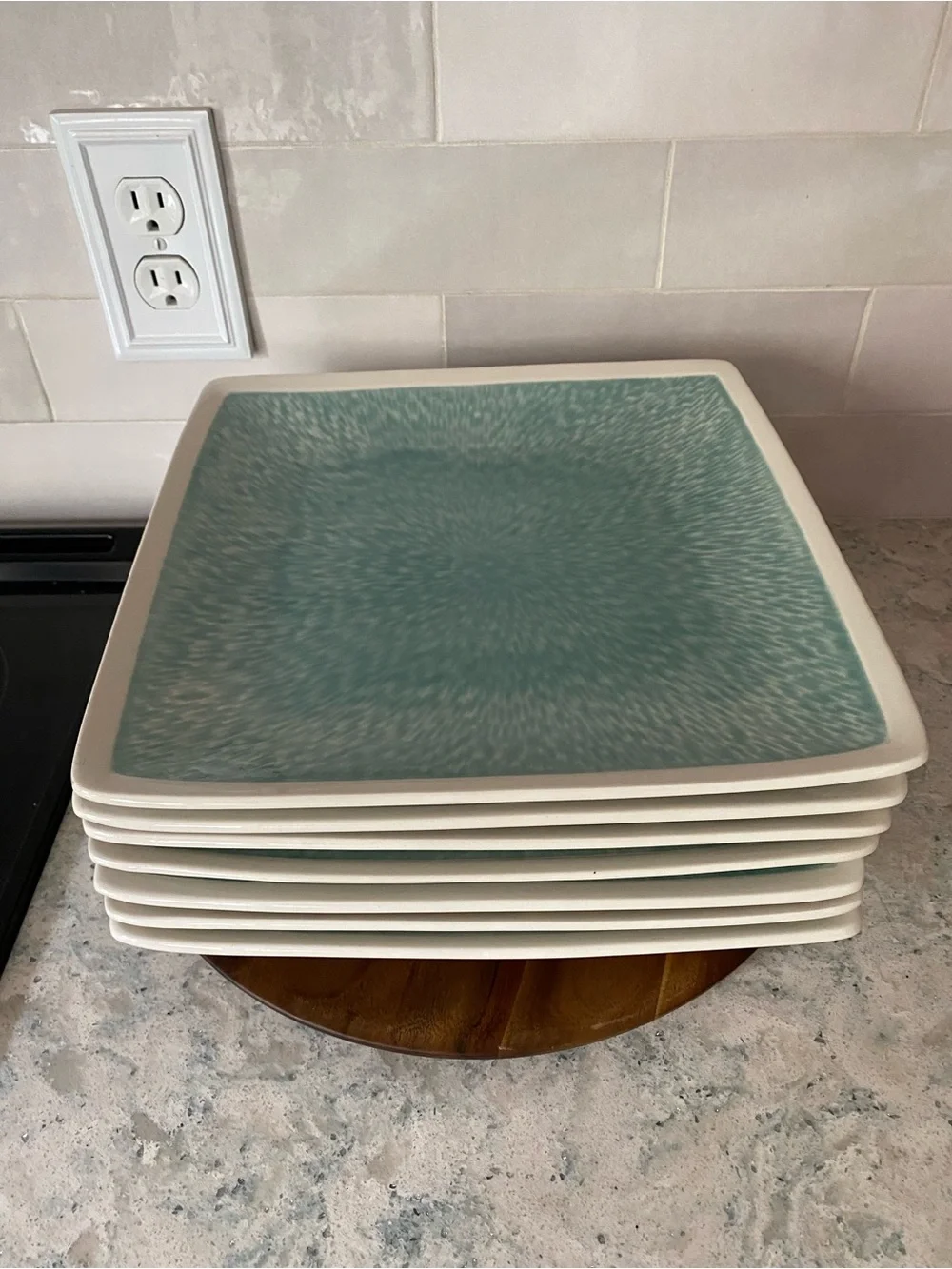 Sango Square Dinner Plates in Aqua and Cream - Set of 7